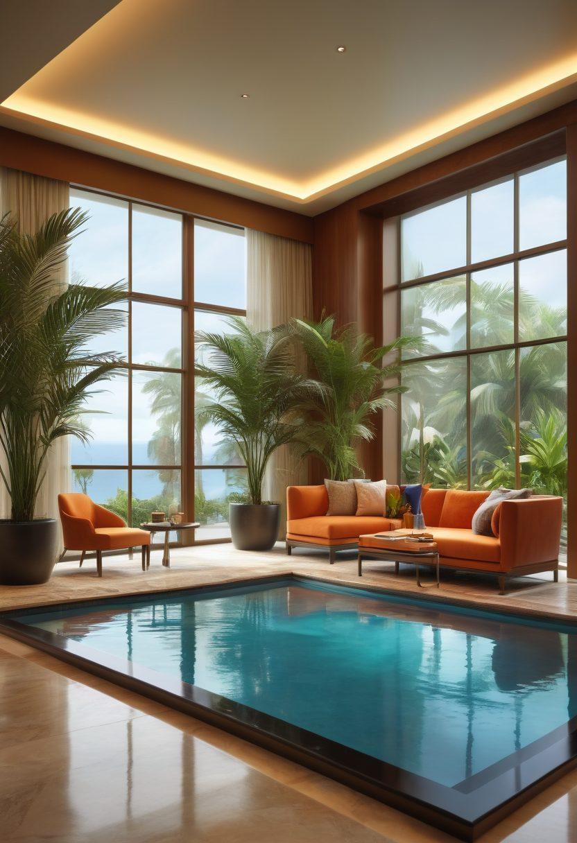 A luxurious hotel lobby with a sleek tablet integrated into the decor, showcasing interactive features for guests. An elegantly dressed couple interacting with the tablet, surrounded by modern, plush furnishings and exotic plants. Soft ambient lighting sets a sophisticated mood, with decorative elements highlighting travel destinations on the screen. Include a serene view of an infinity pool through large glass windows. super-realistic. vibrant colors. 3D.
