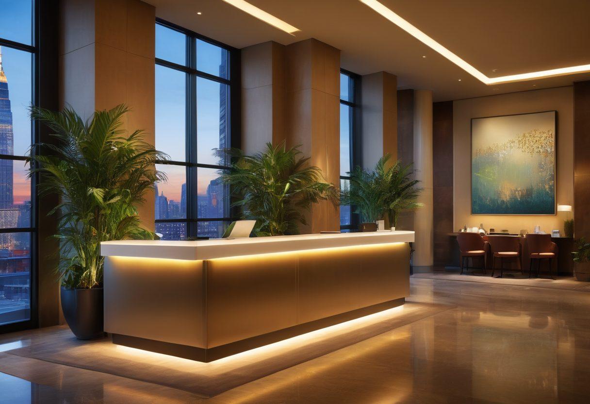 A serene hotel lobby showcasing a sleek tablet integrated into the reception desk, surrounded by luxurious decor, plush seating, and exotic plants. A stylish guest interacts with the tablet, while a glowing city skyline is visible through large windows, representing modern travel. The atmosphere is warm and inviting, with soft lighting enhancing the luxury feel. super-realistic. vibrant colors.