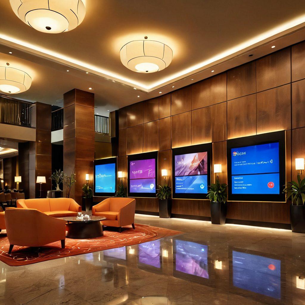 An elegant hotel lobby infused with mobile technology, showcasing guests engaging with touch screens and mobile devices for reservations and information. Include a blend of modern design elements, warm lighting, and a group of diverse guests smiling and interacting with staff. Capture the essence of seamless communication and convenience in a luxurious setting. vivid colors, super-realistic, 3D.